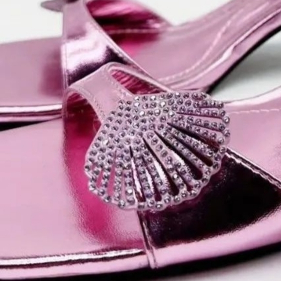 ZARA💖 PINK METALLIC AND RHINESTONE KITTEN HEEL SLIDES size Euro 40, (US 9 -9.5) - Picture 4 of 14